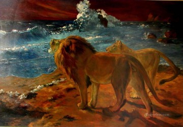 動物 Painting - 海辺のライオンたち